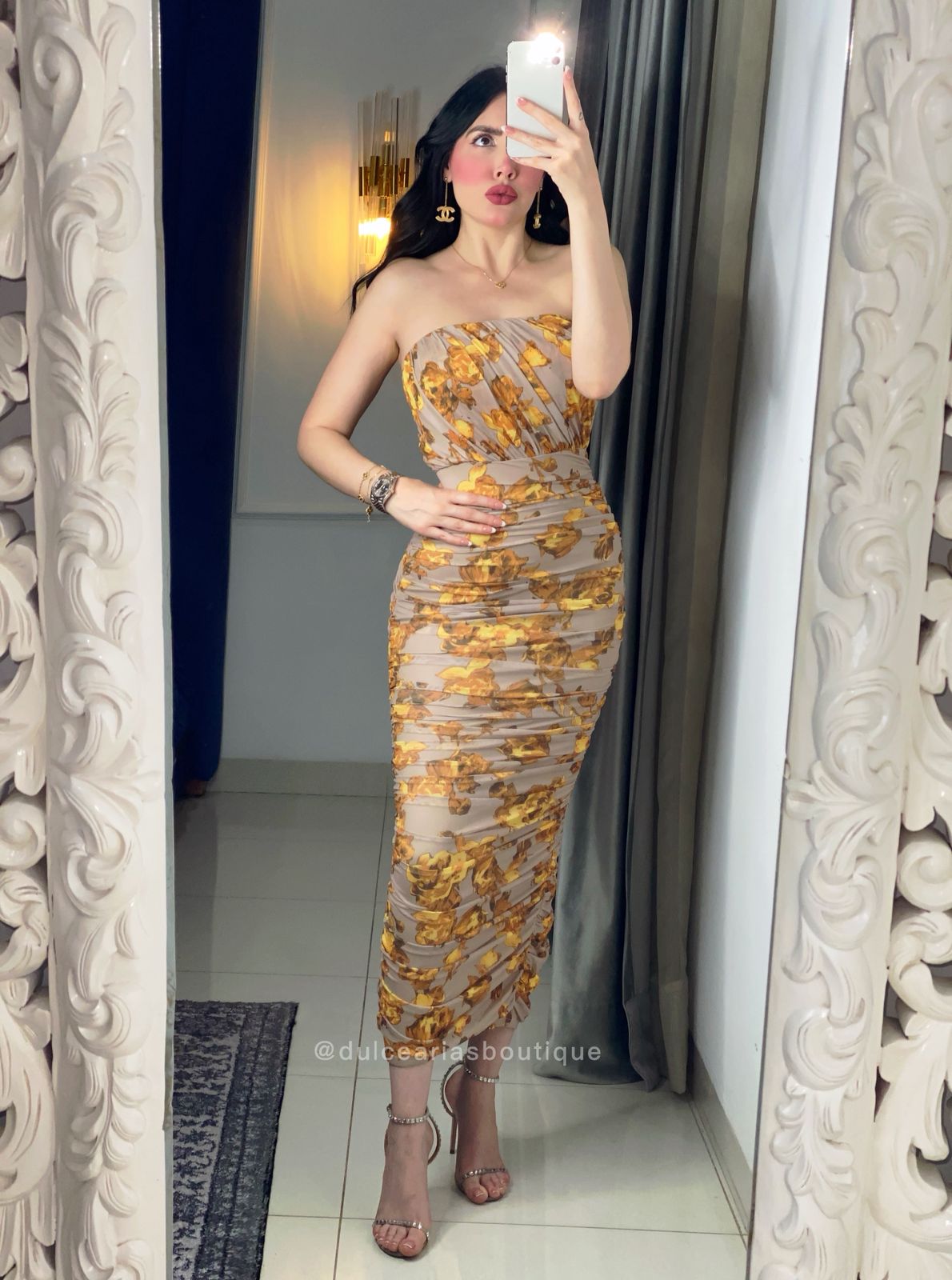 Nude And Yellow Floral Midi Dress