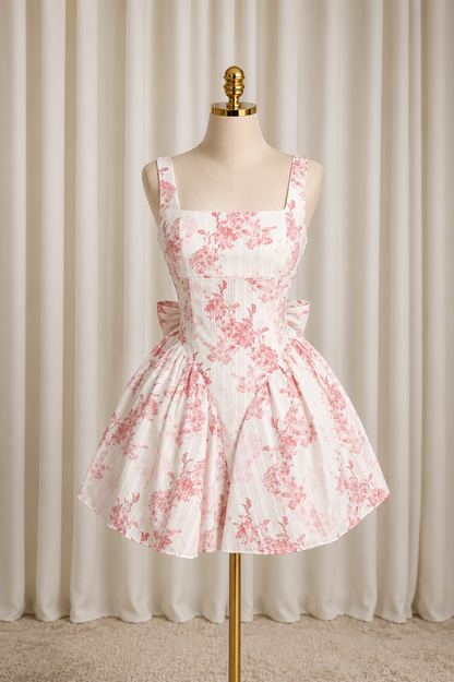 Floral Mini Dress with Open Back and Oversized Bow