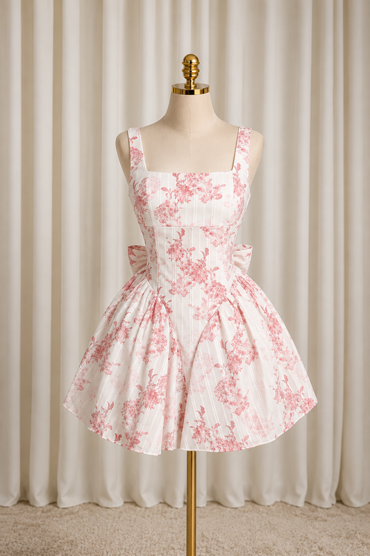 Floral Mini Dress with Open Back and Oversized Bow