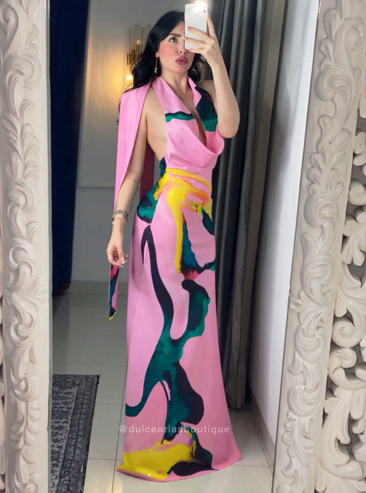 Long Halter Dress - Pink Artistic Print
