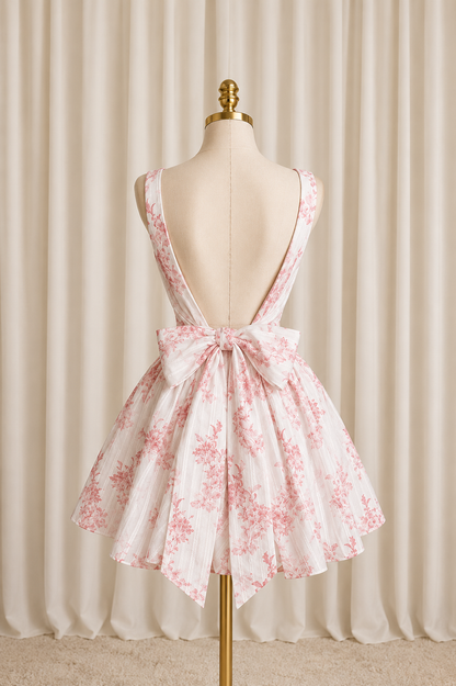 Floral Mini Dress with Open Back and Oversized Bow