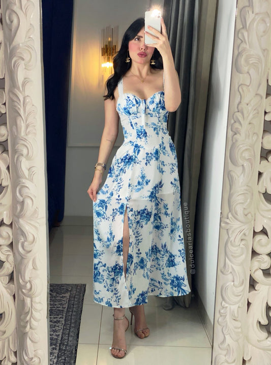 Long Halter Dress - Blue Artistic Print